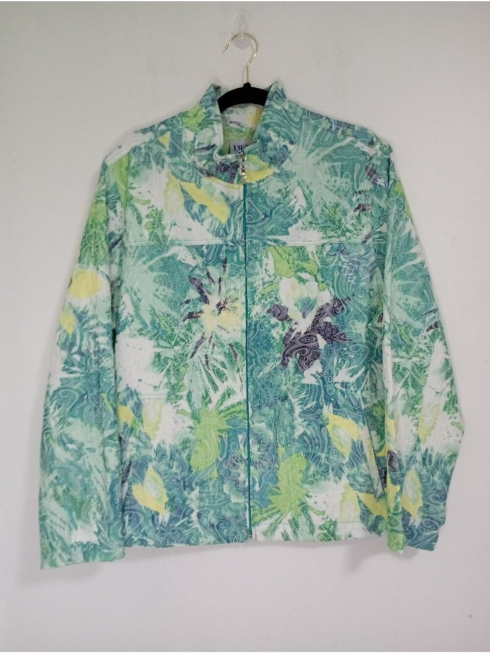 BFA Classics Floral Quilted Zip-Up Jacket Green & Yellow Womens 1X Cotton Blend